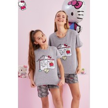 Siyah İnci Hello Kitty Lisanslı %100 Pamuk Gri Çok Renkli Bisklet Yaka Şort Pijama Takım