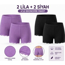 İncili Tekstil Kadın Dantelli Ribana Boxer 4'lü Set %95 Pamuk %5 Elastan Yüksek Bel Esnek Boxer Külot (2 Lila + 2 Siyah) - Çok Renkli - XL