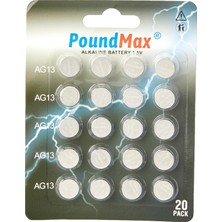 PoundMax 20 x LR44 AG13 1,5 V Alkalin Düğme Pil, Cıvasız, Sızdırmaz, Uzun Süreli Dayanıklılık, Oyuncaklar, Öl