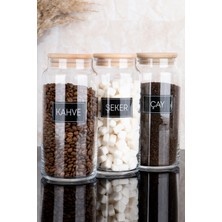 Dolkin Home 3'lü Ahşap Vakum Kapaklı Çay Şeker Kahve Siyah Etiketli Cam Kavanoz Seti Saklama Kabı 1300 ml