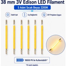 Overdal 5 Adet Sıcak Beyaz 2200K 38 mm 3V Edison LED Filament 18650 Pil Uyumlu Sabit Kesintisiz Yanan Dıy Işık