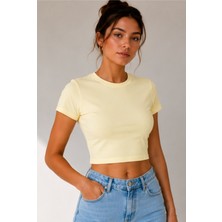 Windy Island Kadın Bisiklet Yaka Kısa Kollu %100 Pamuk Likralı Crop Top Bluz
