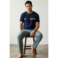 Siyah İnci Lacivert Yeşil Ekose Desenli Baskılı Örme Kısa Kollu Pijama Takım 8004