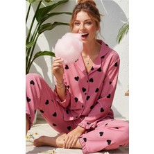 Siyah İnci Pembe Siyah Kalp Desenli Bürümcük-Krınkıl Uzun Kollu Düğmeli Pijama Takım 7993