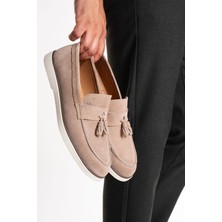 Fame Step Hakiki Deri Erkek Loafer Ayakkabı Bej Süet Günlük Rahat Casual Mokasen Püsküllü Siena