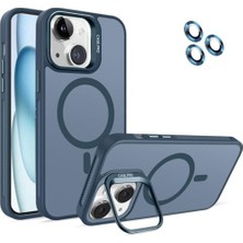 Berry Store Madnova iPhone 13 Için Kılıf Kamera Korumalı Magsafe Wireless Şarj Özellikli Lens Hediyeli Mat Şeffaf Renkli Standlı Kılıf (Lacivert)