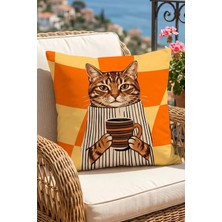 Atay Home Kahve Içen Kedi Desenli Dekoratif Kırlent Kılıfı 43X43 cm Çift Taraflı Turuncu Damalı Zemin