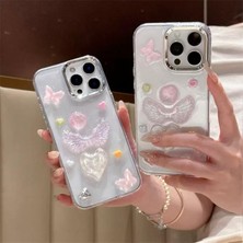 Berry Store 3D Melek Kanatlı Kalpli Şeffaf Simli iPhone 14 Pro Uyumlu Kılıf – Kamera Korumalı, Darbe Emici Silikon