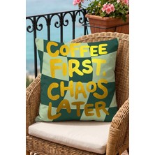 Atay Home Coffee First Chaos Later Yazılı Dekoratif Kırlent Kılıfı 43X43 cm Çift Taraflı Yeşil Damalı