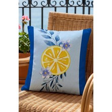 Atay Home Limon Dilimi ve Çiçek Desenli Dekoratif Kırlent Kılıfı 43X43 cm Çift Taraflı Mavi Kenarlı 1 Adet