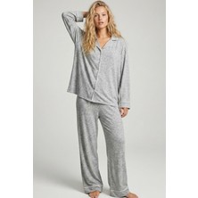 Siyah İnci Gri Beyaz Karışık Renkli Yumuşak Dokulu Triko Kışlık Örme Düğmeli Pijama TAKIM7954-10