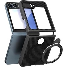 Berry Store Karbon Fiber Materyal Stand Özellikli Lens Çerçeveli ve Sararmayan Güçlü Darbe Emici Premium Kılıf (Siyah, Galaxy Z Flip 5)