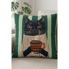 Atay Home Kahve Içen Siyah Kedi Desenli Dekoratif Kırlent Kılıfı 43X43 cm Çift Taraflı Baskı Yeşil Çizgili