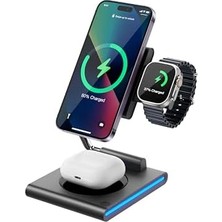 Berry Store 3-In-1 Kablosuz Şarj Standı, Telefon Saat Kulaklık Için, Ayarlanabilir Açılı, LED Işıklı, Gri iPhone ile Uyumlu-Watch ile Uyumlu-Airpods