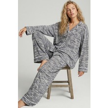 Siyah İnci Lacivert Karışık Renkli Yumuşak Dokulu Triko Kışlık Örme Düğmeli Pijama TAKIM7954-7