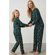 Siyah İnci Yeşil %100 Pamuklu Puanlı Şeker Baston Desenli Yılbaşı Temalı Örme Pijama Takım