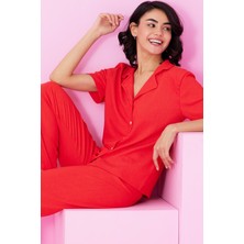 Siyah İnci Nar Çiçeği Bürümcük Krınkıl Kumaş Örme Düğmeli Pijama TAKIM7873