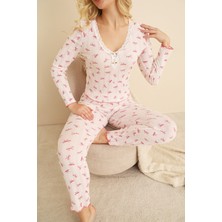 Siyah İnci Pembe Pamuklu Delikli Dantelli Örme Pijama TAKIM7928-4