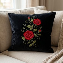 Harmony Factory Gül Nakışlı Siyah Kadife Kırlent Kılıfı Romantik Çiçek Temalı Dekoratif Yastık