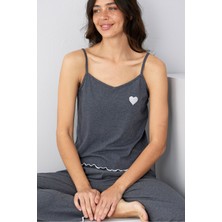 Siyah İnci Antrasit Kalp Nakışlı Ip Askılı Örme Pijama TAKIM7883