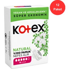 Kotex Ultra Natural Uzun Ped 16\'lı x 12 Paket (Toplam 192 Ped) %100 Pamuk, Vegan ve Hipoalerjenik