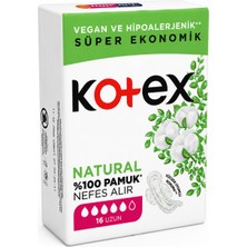 Kotex Ultra Natural Uzun Ped 16\'lı – %100 Pamuk Üst Yüzey, Vegan ve Hipoalerjenik Hijyenik Ped