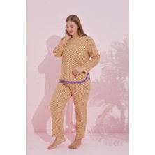 Siyah İnci Turuncu Mor Desenli Biyeli Curve Büyük Beden Battal Boy Örme Pijama Takım 7778
