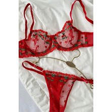 D'Lingerie Cerise Rouge Dantel Transparan Bralet Sütyen Takımı DM1358