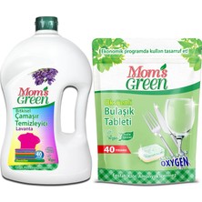 Mom's Green 2'li Set- Oksijenli Bulaşık Makinesi Tableti (40 Tablet) - 1500 ml Lavantalı Bitkisel Çamaşır Deterjanı Renkliler İçin 40 Yıkama