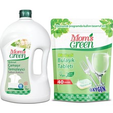Mom's Green 2'li Set-Oksijenli Bulaşık Makinesi Tableti (40 Tablet) ve 1500 ml Bitkisel Çamaşır Deterjanı Sabun Kokulu Beyazlar İçin 40 Yıkama