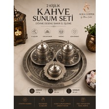 Aura Copper 2 Kişilik Bakır Kahve Sunum Seti El Işlemeli Tepsili Türk Kahvesi Fincan Takımı - Ağır El Işleme Mat