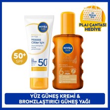 Nivea Sun SPF50+ Güneş Koruyucu Yüz Kremi 40ML ve Bronzlaştırıcı Güneş Yağı 200ML, Plaj Çantası Hediye