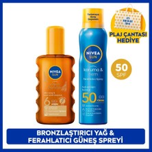 Nivea Sun SPF50 Ferahlatıcı Güneş Koruyucu Sprey 200ML ve Bronzlaştırıcı Güneş Yağı 200ML, Çanta Hediye