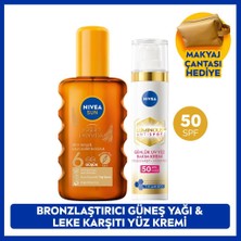 Nivea SPF50 LUMINOUS630 Leke Karşıtı Gündüz Yüz Kremi ve Bronzlaştırıcı Güneş Yağı, Makyaj Çantası Hediye