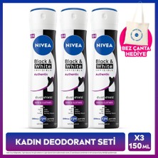 Nivea Kadın Sprey Deodorant Black&white Authentic 150ML, Terleme Karşıtı, Alkolsüz, X3 Adet, Çanta Hediye