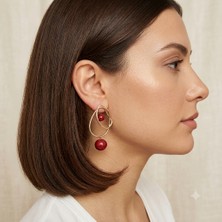 Marem Rhea Jewelry Çelik Kırmızı Boncuklu Geometrik Sallantılı Kadın Küpe 7 cm Gold Renk Modern Tasarım