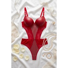 Lavishh Transparan Dantelli Modern Kırmızı Bodysuit