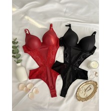 Lavishh Transparan Dantelli Modern Kırmızı ve Siyah Ikili Bodysuit