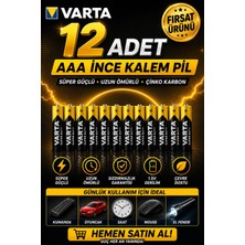 Aaa İnce Kalem Pil 12'li | Süper Güçlü | Uzun Ömürlü Çinko Karbon | Ekonomik Paket