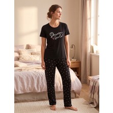 Sleeproom Yazlık Kalp Desen Dream Desen Siyah Penye Pijama Takım