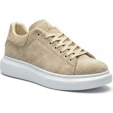 Beskar Krem Boa Desenli Süet Deri Erkek Sneaker - Kaymaz Beyaz Tabanlı Spor Ayakkabı BA0547