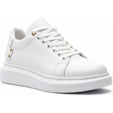 Beskar Beyaz Cilt Deri Kalın Tabanlı Gold Detaylı Erkek Sneaker - Nefes Alan Spor Ayakkabı KB047