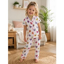 Balgüneş Tekstil Kız Çocuk Renkli Kelebek Desenli Düğmeli Kısa Kollu Yazlık Pijama Takımı
