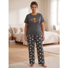 Sleeproom Büyük Beden Yazlık Kalp Desen Ananas Desen Gri Penye Pijama Takım