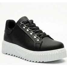 Beskar Siyah Çengel Detaylı Suni Deri Unisex Sneaker - Konforlu Yürüyüş Günlük Spor Ayakkabı BA0505