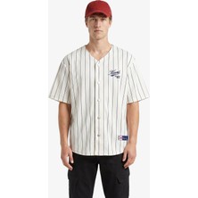 Karl Kani Cursive Varsity Pinstripe Cropped Baseball Erkek Beyaz Gömlek.wht