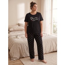 Sleeproom Büyük Beden Yazlık Kalp Desen Siyah Dream Desen Penye Pijama Takım