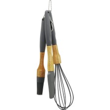 Mayf 3 Pcs Silikon Çırpıcı - Fırça - Spatula Seti Ahşap Bambu Sap - Silikon Kılıflı (5332)