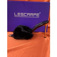 Lescarpe LES020 Siyah Tüylü Kadın Topuklu Terlik