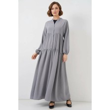 Moda Molası Kadın Gömlek Yaka Beli Büzgülü Fırfırlı Düğmeli Gri Tesettür Elbise